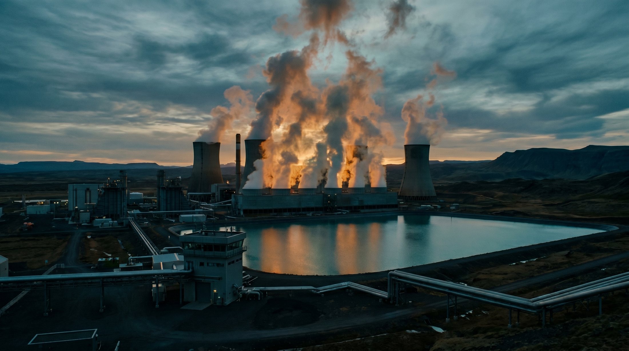 Power plant with cooling towers beside a water reservoir